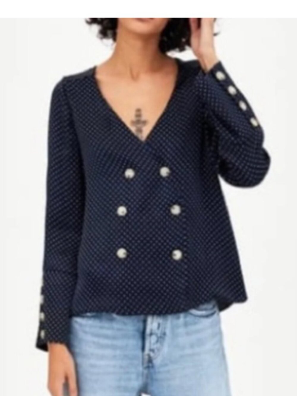 Zara Navy Polka Dot Double-Breasted Top Blouse Size XS